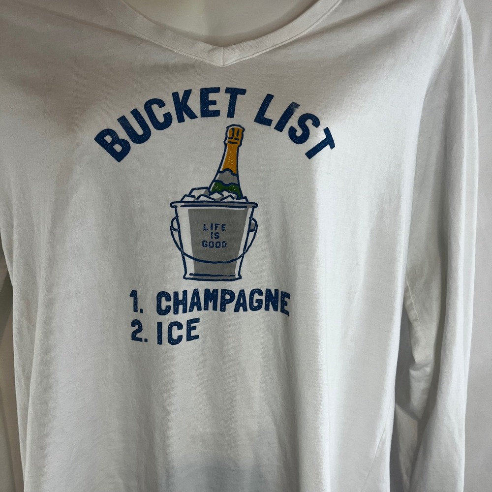 Life is Good Bucket List Champagne Crusher Tee White Long Sleeve V-Neck Large